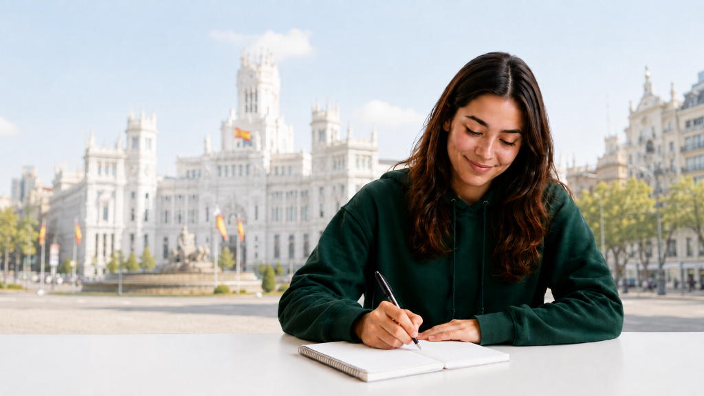 Estudiante preparando las PCE UNEDasiss para acceder a la universidad española, con Madrid de fondo